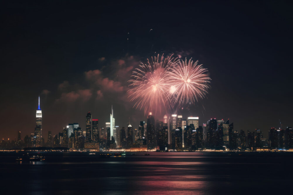 Fuochi d’artificio a New York per il 4 luglio con skyline di Manhattan